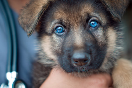 A tender moment captures a young German shepherd with captivating blue eyes cradled softly, emphasizing trust and compassion in a caring veterinary environment.の写真素材