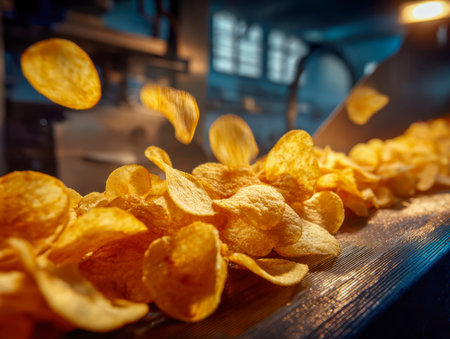 Crisp, golden snacks cascade in mid-air over a gleaming conveyor, illuminated by vibrant factory lighting, with a blurred background highlighting the busy productionの写真素材