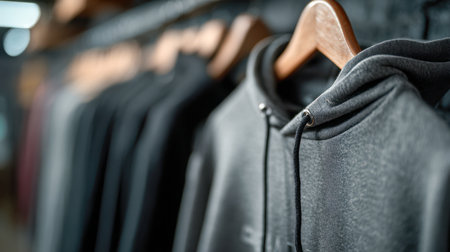 A sleek gray hoodie on a wooden hanger stands out against a lineup of dark outerwear, enhancing the contemporary shopping ambiance with its minimalist style.の写真素材