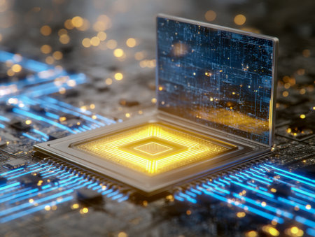 A sleek, high-tech microchip features a radiant golden nucleus at its center, with luminous circuit pathways extending outward, embodied cutting-edge digital innovation.の写真素材