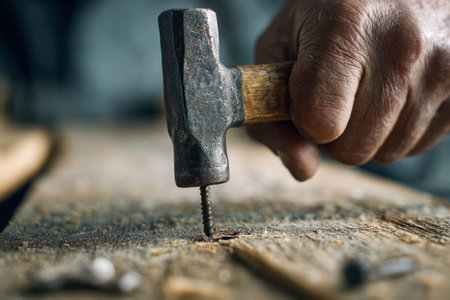 A seasoned craftsman's hand grips an antique hammer, gently forcing a corroded nail into aged timber, embodied rustic charm and skilled craftsmanship.の写真素材