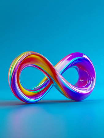 A lustrous, multicolored sculpture featuring a seamless, endless loop design, positioned atop a sleek blue platform under brilliant illumination amid a matching blue backの写真素材