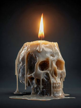 A hauntingly detailed skull-shaped candle flickers softly amid shadows, its molten wax cascades creating an eerie, gothic atmosphere filled with mysterious allure.の写真素材
