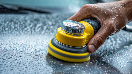 A skilled detailer meticulously buffs a glossy dark vehicle, using a rotary tool to restore its shine amid a spray of water droplets for flawless finish.の写真素材