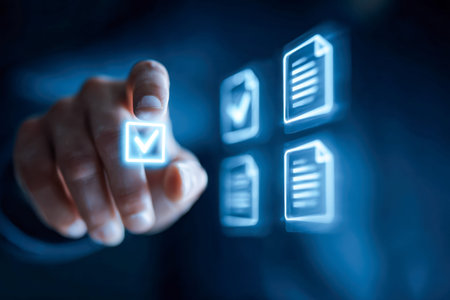 A professional man using a sleek, immersive virtual dashboard to mark tasks complete, surrounded by...