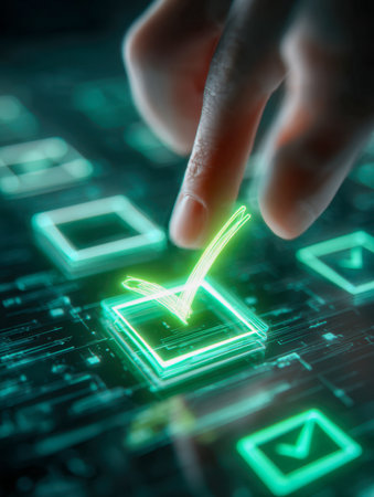 A sleek, high-tech display features a luminous green affirmation symbol being tapped by a finger, symbolizing successful authorization within an advanced digital setting.の写真素材