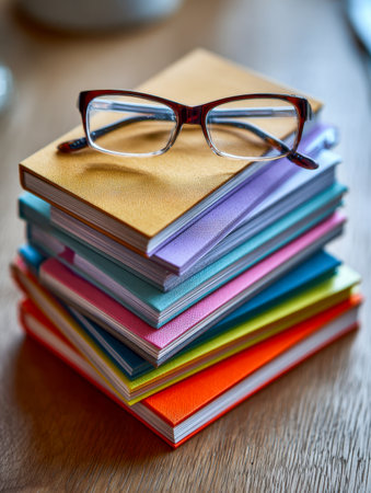Brightly hued books are neatly piled on a warm wooden surface, with vintage-style glasses gently resting atop, illuminated by gentle sunlight and blurred backdrop.の写真素材