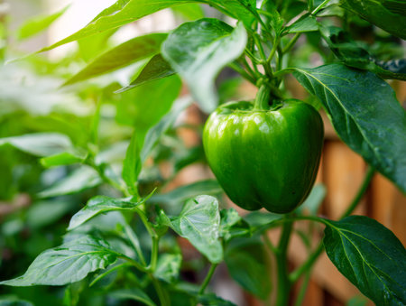 Vibrant sunlight highlights a thriving garden plant, showing a young, crisp green pepper amid abundant green foliage in a lively outdoor setting.の写真素材
