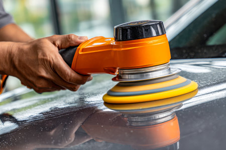 A technician carefully buffs a sleek, dark vehicle with a bright yellow pad, enhancing its gloss under natural sunlight for a flawless finish.の写真素材