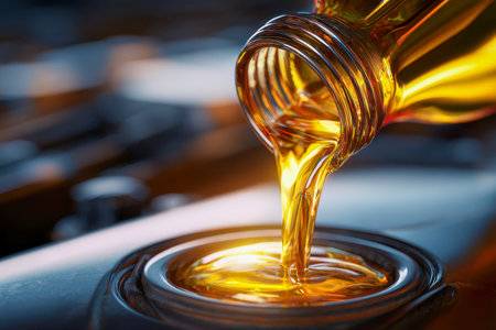 A glossy stream of golden motor oil delicately drips into a vehicleâs engine compartment, symbolizing precision maintenance and optimal engine efficiency.の写真素材