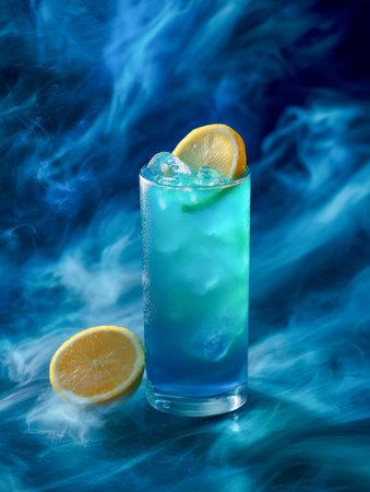 A vibrant, icy drink with a cool blue tint, garnished with a lemon wedge, shrouded in swirling mist against a rich navy backdrop, evoking refreshing summer coolness.の写真素材