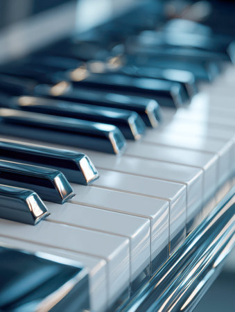 Close-up of sleek piano keys illuminated by gentle sunlight, emphasizing their smooth surfaces and striking contrast, creating a refined and elegant atmosphere.の写真素材