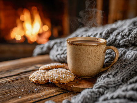 A comforting scene featuring a frothy coffee in a rustic mug, sweetened cookies, and soft blankets, all illuminated by a gentle fireplace glow for a cozy retreat.の写真素材