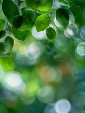 Sunlight softly illuminates vibrant foliage, casting gentle shadows amid blurred greenery that creates a serene, calming ambiance in a tranquil outdoor setting.の写真素材