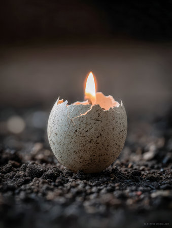 A fragile shell rests on shadowed earth, with a luminous blaze rising within, embodied renewal, resilience, and the promise of dawn beyond despair.の写真素材