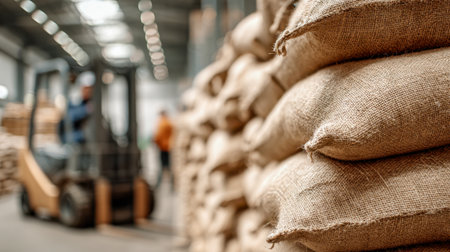 A bustling warehouse scene featuring sturdy burlap bags neatly piled, with workers and a forklift actively managing inventory amid a busy industrial setting.の写真素材