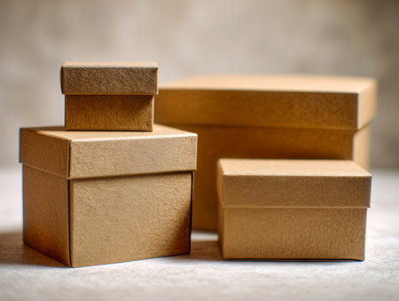 An assortment of unfilled kraft paper gift containers in multiple dimensions is neatly displayed on a simple surface, illuminated by gentle natural light with a softly blの写真素材