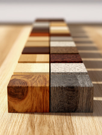 A collection of wooden cubes aligned orderly on a pale wood background, highlighting varied textures, tones, and intricate grain patterns illuminated by soft sunlightの写真素材