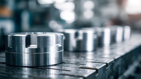 Shimmering metal parts are meticulously arranged across a sleek, reflective surface, with a blurred background emphasizing high-precision engineering and complex macの写真素材