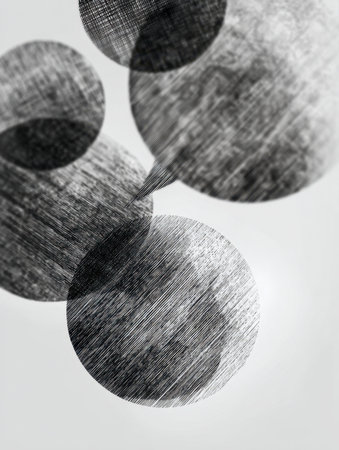 A captivating arrangement of layered, textured globes with sleek linear shading forms a lively, monochromatic abstract design against a subtle light backdrop.の写真素材