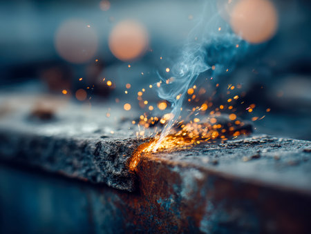 Vibrant sparks cascade as fiery arcs illuminate smoky wisps against a softly blurred factory setting, highlighting raw energy and craftsmanship in industrial metalwoの写真素材