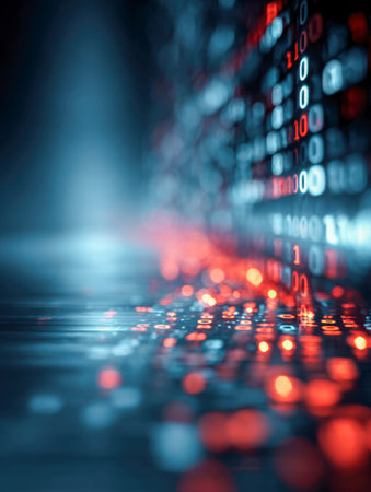 A vibrant cascade of neon data flows across a sleek reflective plane, casting luminous blue and crimson sequences in a cutting-edge digital landscape.の写真素材