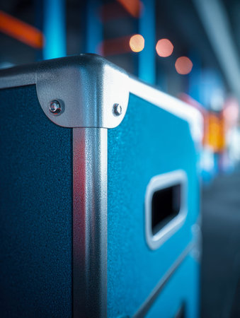 A close-up of a vivid blue metallic waste container with sturdy corner reinforcements, softly lit by...