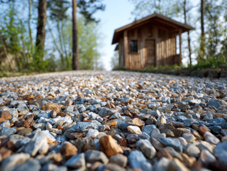 Sunlit stones form a rustic trail winding toward a cozy wooden retreat, nestled among lush foliage on a warm, vibrant spring or summer afternoon.の写真素材