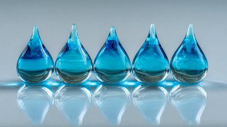 A row of five vivid azure glass spheres rests on a polished surface, their glossy surfaces mirroring soft hues against a gentle gradient backdrop with delicate shadows unの写真素材
