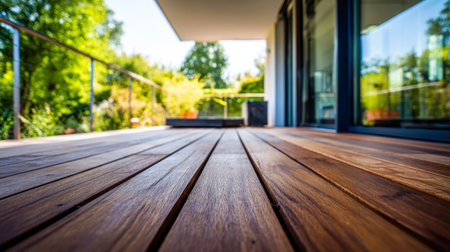 A sleek, contemporary outdoor space featuring a natural wooden platform bordered by transparent glass panels, illuminated by sunlight amid lush greenery and modern architの写真素材