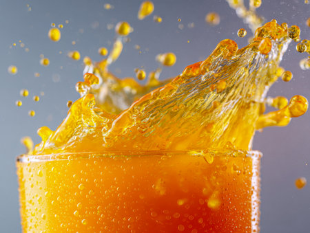An energetic burst of bright orange drink erupts from a glass, with sparkling droplets caught mid-flight against a subtle gray backdrop, evoking freshness and vitaliの写真素材