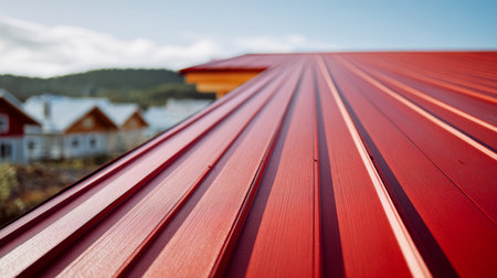 A striking red metal rooftop slopes towards a peaceful village, with rugged mountains and a bright blue sky creating a scenic, sunny backdrop.の写真素材