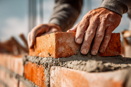A focused craftsman meticulously arranges clay blocks atop moist mortar, shaping a durable structure...