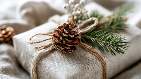 A charming holiday arrangement featuring a handcrafted package adorned with earthy materials, accented by a frosted pinecone and lush evergreen sprigs, evoking warmth andの写真素材