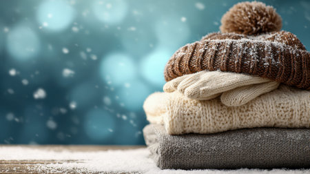 A neatly arranged collection of winter essentials rests on a rustic wooden surface, crowned with a fuzzy pom-pom hat, frosty gloves, and thick sweaters, all dusted wの写真素材