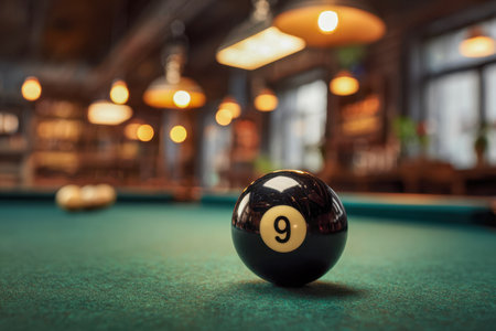 A sleek black ball with the number nine shines under soft, amber lighting, set against vibrant green felt, evoking a calm, inviting atmosphere in a relaxed game roomの写真素材