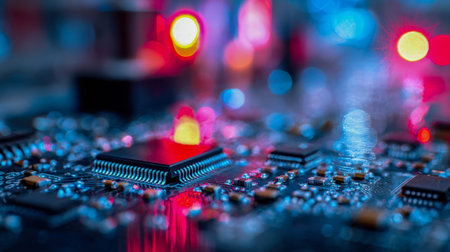 A detailed close-up of a luminous electronic component, where vibrant blue and red hues intertwine...