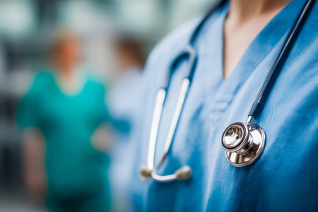 A dedicated healthcare worker in crisp blue attire and a stethoscope stands alert, while a team of colleagues hums in the background during a busy hospital shift.の写真素材