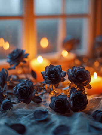 A deep blue floral arrangement rests beside gentle candlelight, casting a warm glow through a foggy window, evoking a serene, introspective ambiance.の写真素材