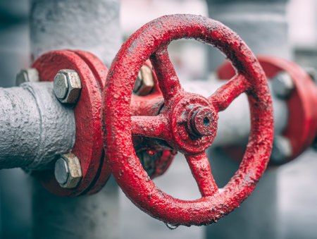 A vibrant red lever grips tightly onto rugged metal piping, secured by bolts, set against a weathered surface that reveals years of outdoor exposure and industrial resiliencyの写真素材