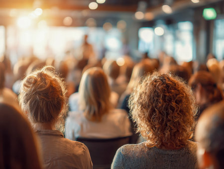 Attendees of various backgrounds listen intently in a sleek, contemporary space illuminated by gentle, ambient lighting and subtle bokeh effects that enhance focus.の写真素材