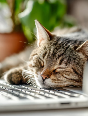 A serene tabby feline rests gently on a keyboard, basking in gentle sunlight with a lush green plant softly out of focus behind, capturing a calm indoor scene.の写真素材