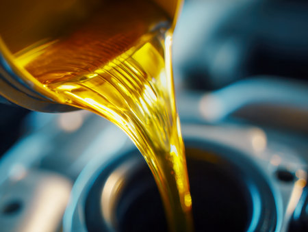 A stream of rich, amber-colored oil flows seamlessly into a vehicle?s engine opening, set against a softly blurred backdrop of mechanical components, emphasizing engine cの写真素材