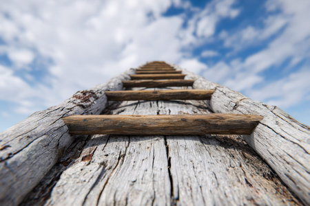A distressed wooden ladder reaches skyward beneath a lively azure backdrop dotted with fluffy...