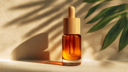 A warm-toned scene featuring a small amber dropper jar with a wooden lid, shadowed beside vibrant green foliage on a textured beige background.の写真素材