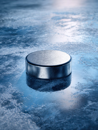 A sleek metal disc lies atop a frosty, ridged ice sheet, capturing shimmering sunlight in crisp winter air on an open, outdoor skating arena.の写真素材