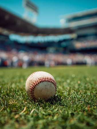A seasoned baseball lies on vibrant grass amidst a buzzing stadium filled with eager fans, under a clear blue sky as excitement fills the lively game.の写真素材