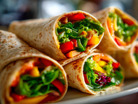 Vibrant veggie wraps showcasing fresh greens and bright peppers, appealing to health-conscious appetites with their colorful, artistic presentation.の写真素材