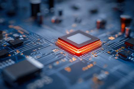A sleek, illuminated semiconductor nestled within an intricate network of conductive pathways on a...