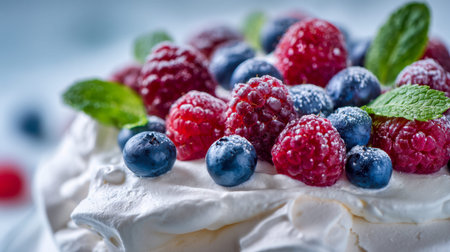 A vibrant, layered sweet featuring juicy berries and fragrant mint atop a cloud of light whipped...
